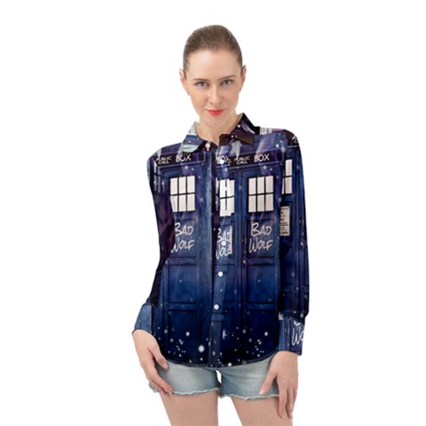 Bad Wolf Tardis Doctor Who Long Sleeve Chiffon Shirt by Cendanart