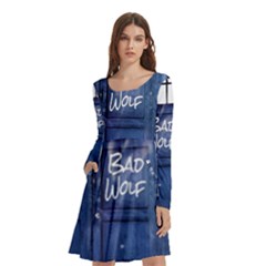 Bad Wolf Tardis Doctor Who Long Sleeve Knee Length Skater Dress With Pockets by Cendanart