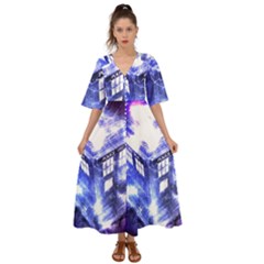 Tardis Doctor Who Blue Travel Machine Kimono Sleeve Boho Dress by Cendanart