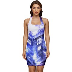 Tardis Doctor Who Blue Travel Machine Sleeveless Wide Square Neckline Ruched Bodycon Dress by Cendanart