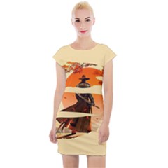 Samurai Art Ninja Katana Anime Aesthetic  Japanese Lore Style Mythology Retro Classic Warrior Cap Sleeve Bodycon Dress by Bedest