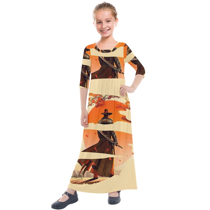 Samurai Art Ninja Katana Anime Aesthetic  Japanese Lore Style Mythology Retro Classic Warrior Kids  Quarter Sleeve Maxi Dress