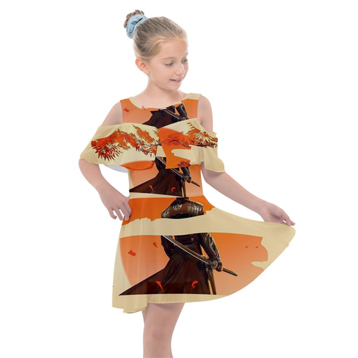 Samurai Art Ninja Katana Anime Aesthetic  Japanese Lore Style Mythology Retro Classic Warrior Kids  Shoulder Cutout Chiffon Dress