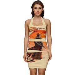 Samurai Art Ninja Katana Anime Aesthetic  Japanese Lore Style Mythology Retro Classic Warrior Sleeveless Wide Square Neckline Ruched Bodycon Dress by Bedest