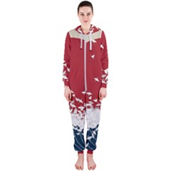 Red Sun Sea Waves Bird Japanese Art Minimalist Hooded Jumpsuit (ladies) by Bedest