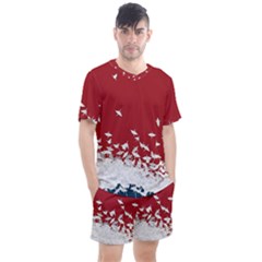 Red Sun Sea Waves Bird Japanese Art Minimalist Men s Mesh T-Shirt and Shorts Set