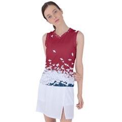 Red Sun Sea Waves Bird Japanese Art Minimalist Women s Sleeveless Sports Top