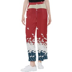 Red Sun Sea Waves Bird Japanese Art Minimalist Women s Pants 