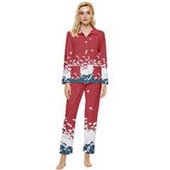 Red Sun Sea Waves Bird Japanese Art Minimalist Womens  Long Sleeve Velvet Pocket Pajamas Set