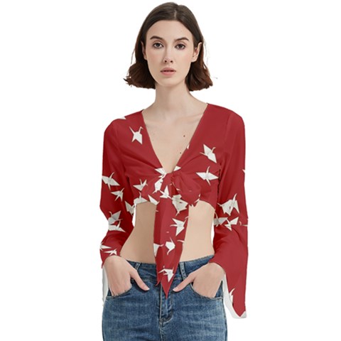 Red Sun Sea Waves Bird Japanese Art Minimalist Trumpet Sleeve Cropped Top by Bedest