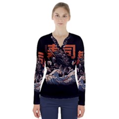 Sushi Dragon Japanese V-neck Long Sleeve Top by Bedest