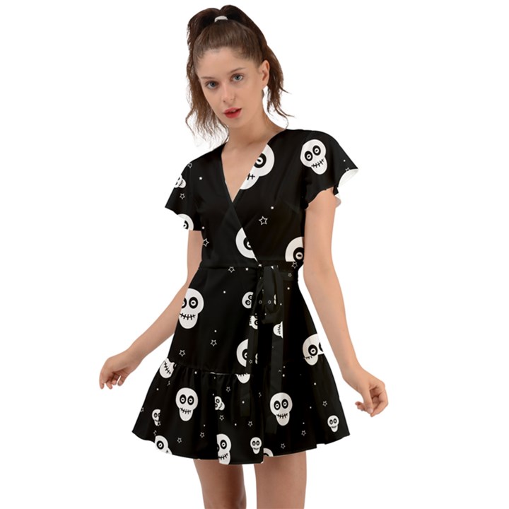 Skull Pattern Flutter Sleeve Wrap Dress