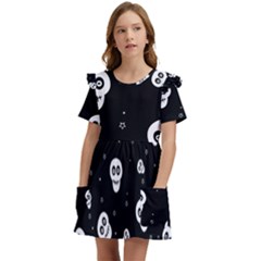 Skull Pattern Kids  Frilly Sleeves Pocket Dress