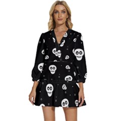 Skull Pattern V-neck Placket Mini Dress by Ket1n9