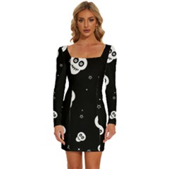 Skull Pattern Long Sleeve Square Neck Bodycon Velvet Dress by Ket1n9