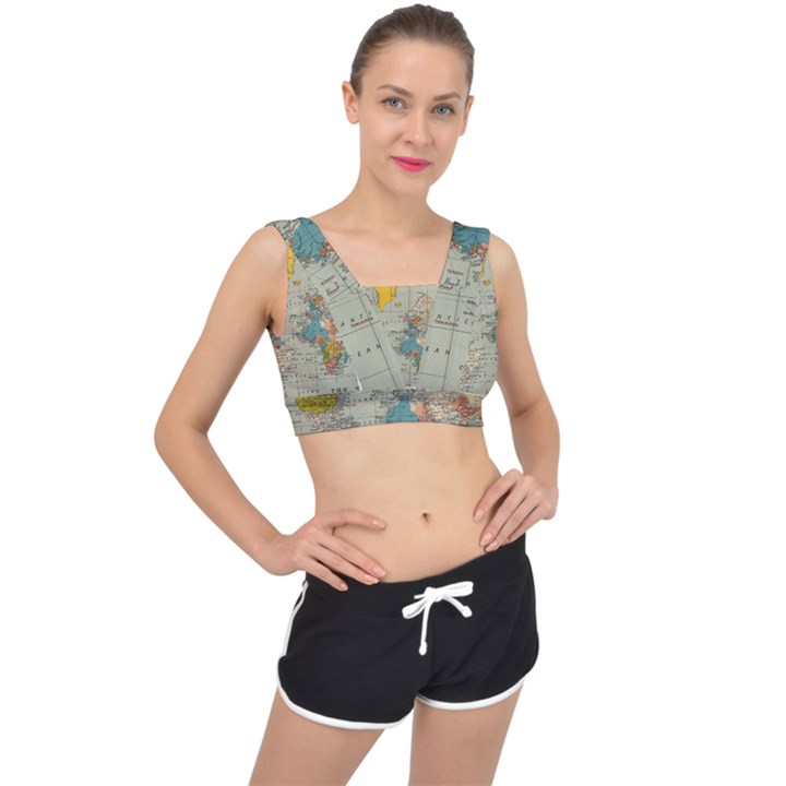 Vintage World Map V-Back Sports Bra