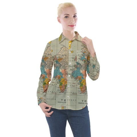 Vintage World Map Women s Long Sleeve Pocket Shirt by Ket1n9