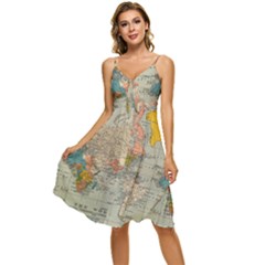 Vintage World Map Sleeveless Tie Front Chiffon Dress by Ket1n9