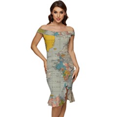 Vintage World Map Off Shoulder Ruffle Split Hem Bodycon Dress by Ket1n9