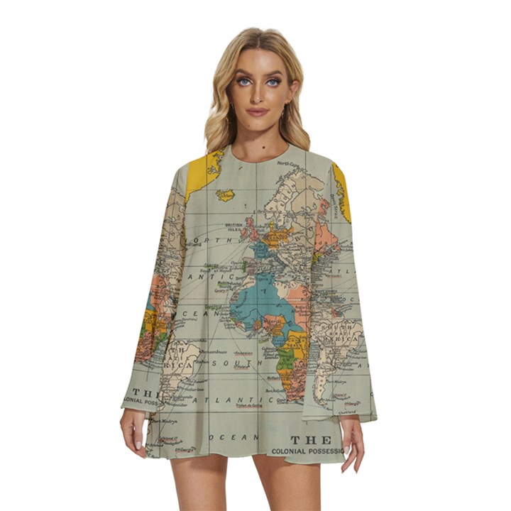 Vintage World Map Round Neck Long Sleeve Bohemian Style Chiffon Mini Dress