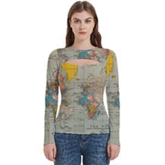 Vintage World Map Women s Cut Out Long Sleeve T-shirt