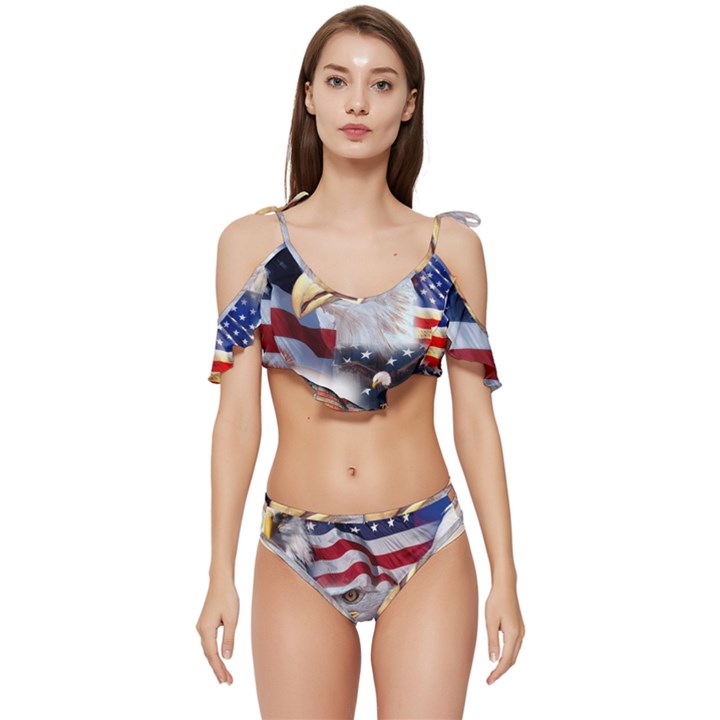 United States Of America Images Independence Day Ruffle Edge Tie Up Bikini Set	