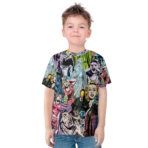 Vintage Horror Collage Pattern Kids  Cotton T-shirt by Ket1n9