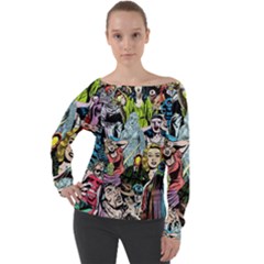 Vintage Horror Collage Pattern Off Shoulder Long Sleeve Velour Top by Ket1n9