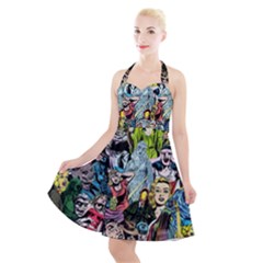 Vintage Horror Collage Pattern Halter Party Swing Dress  by Ket1n9