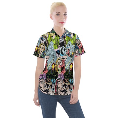 Vintage Horror Collage Pattern Women s Short Sleeve Pocket Shirt by Ket1n9