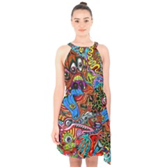 Art Color Dark Detail Monsters Psychedelic Halter Collar Waist Tie Chiffon Dress by Ket1n9