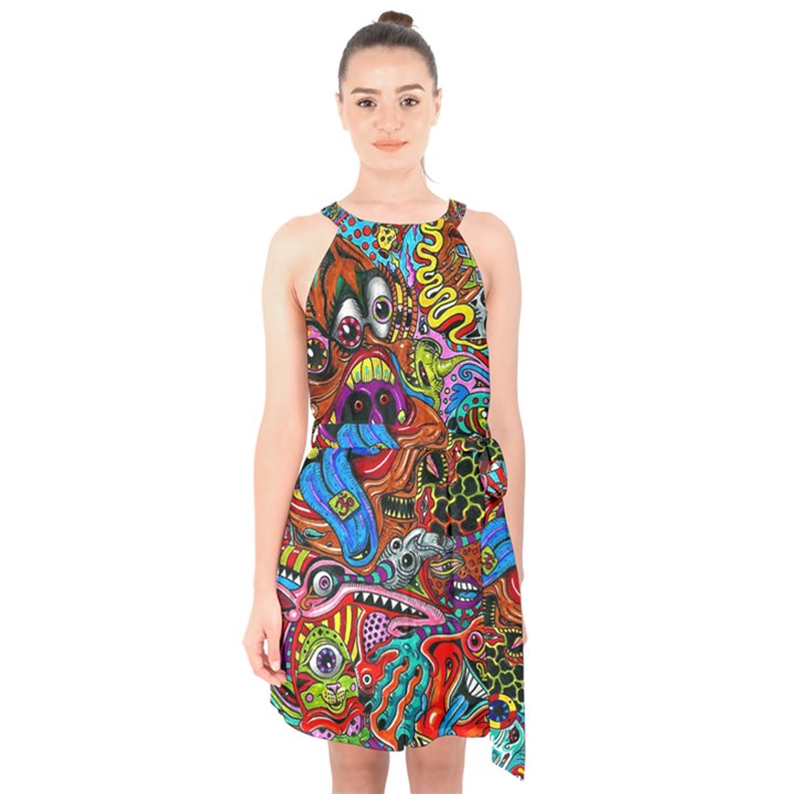 Art Color Dark Detail Monsters Psychedelic Halter Collar Waist Tie Chiffon Dress