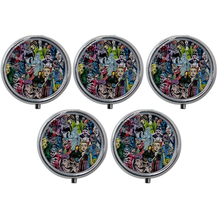 Vintage Horror Collage Pattern Mini Round Pill Box (Pack of 5)