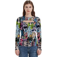 Vintage Horror Collage Pattern Women s Cut Out Long Sleeve T-shirt by Ket1n9