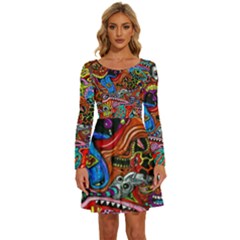 Art Color Dark Detail Monsters Psychedelic Long Sleeve Wide Neck Velvet Dress by Ket1n9