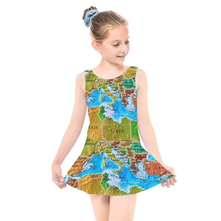 World Map Kids  Skater Dress Swimsuit