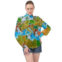 World Map High Neck Long Sleeve Chiffon Top by Ket1n9