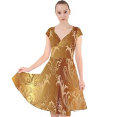 Golden Pattern Vintage Gradient Vector Cap Sleeve Front Wrap Midi Dress by Ket1n9