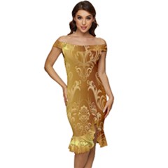 Golden Pattern Vintage Gradient Vector Off Shoulder Ruffle Split Hem Bodycon Dress by Ket1n9