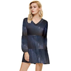 Cosmos Dark Hd Wallpaper Milky Way Tiered Long Sleeve Mini Dress by Ket1n9