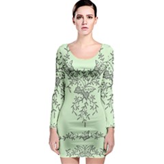 Illustration Of Butterflies And Flowers Ornament On Green Background Long Sleeve Bodycon Dress by Ket1n9