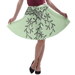 Illustration Of Butterflies And Flowers Ornament On Green Background A-line Skater Skirt by Ket1n9