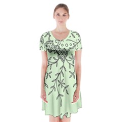 Illustration Of Butterflies And Flowers Ornament On Green Background Short Sleeve V-neck Flare Dress by Ket1n9