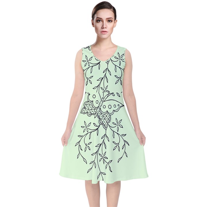 Illustration Of Butterflies And Flowers Ornament On Green Background V-Neck Midi Sleeveless Dress 