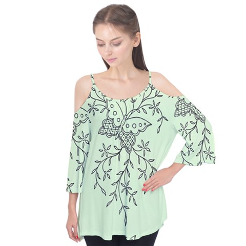 Illustration Of Butterflies And Flowers Ornament On Green Background Flutter Sleeve T-shirt  by Ket1n9