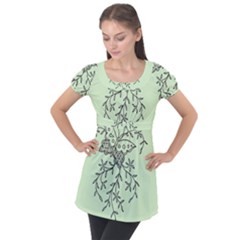 Illustration Of Butterflies And Flowers Ornament On Green Background Puff Sleeve Tunic Top by Ket1n9