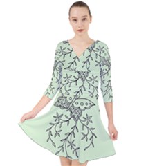 Illustration Of Butterflies And Flowers Ornament On Green Background Quarter Sleeve Front Wrap Dress by Ket1n9