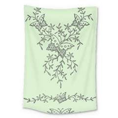 Illustration Of Butterflies And Flowers Ornament On Green Background Large Tapestry by Ket1n9