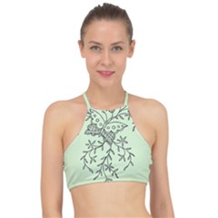 Illustration Of Butterflies And Flowers Ornament On Green Background Halter Bikini Top by Ket1n9