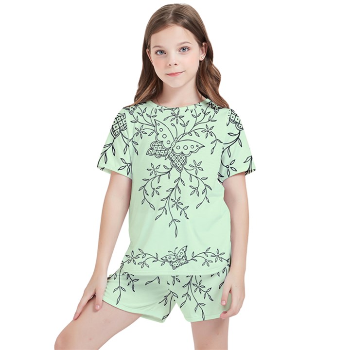 Illustration Of Butterflies And Flowers Ornament On Green Background Kids  T-Shirt And Sports Shorts Set